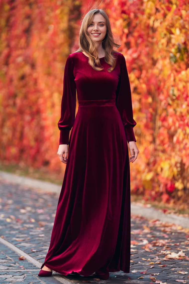 Robe en velours prune bordeaux, robe longue de demoiselle d'honneur en velours, robe d'invitée de mariage, robe fendue en velours, robe longue de soirée à manches longues
